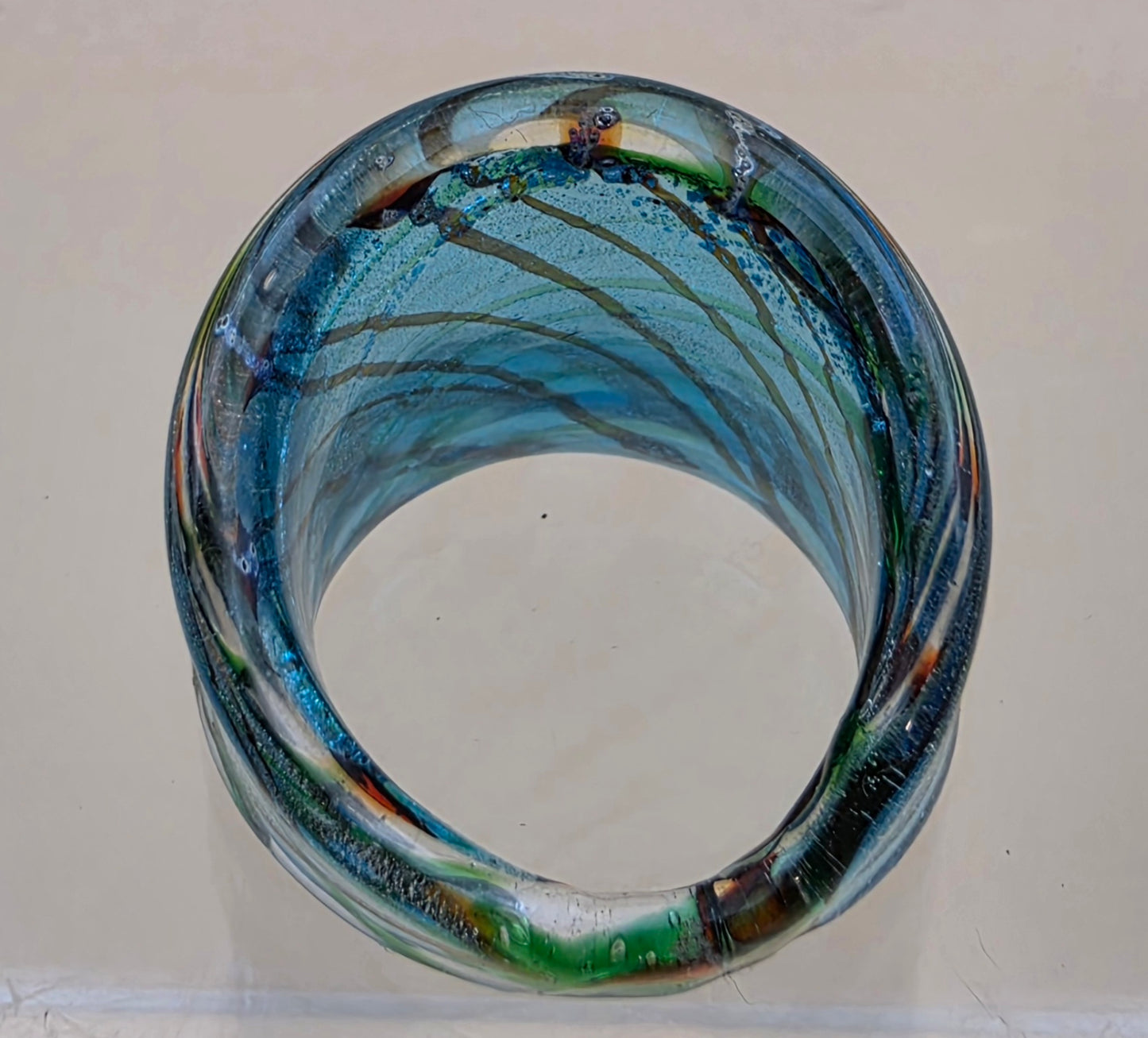 MURANO Style Silver Flake/Blue/Green/Orange Art Glass Ring Size 8.75