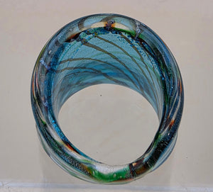 MURANO Style Silver Flake/Blue/Green/Orange Art Glass Ring Size 8.75