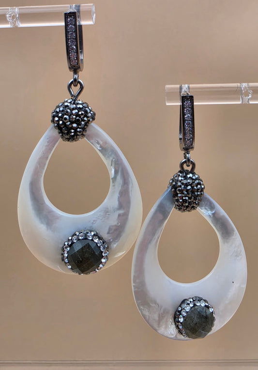Mother Of Pearl/ Marcasite/Faceted Quartz/Sterling Silver Dangle Earrings