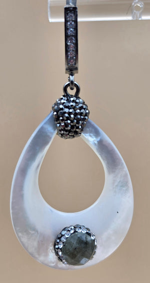 Mother Of Pearl/ Marcasite/Faceted Quartz/Sterling Silver Dangle Earrings