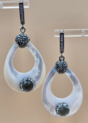 Mother Of Pearl/ Marcasite/Faceted Quartz/Sterling Silver Dangle Earrings