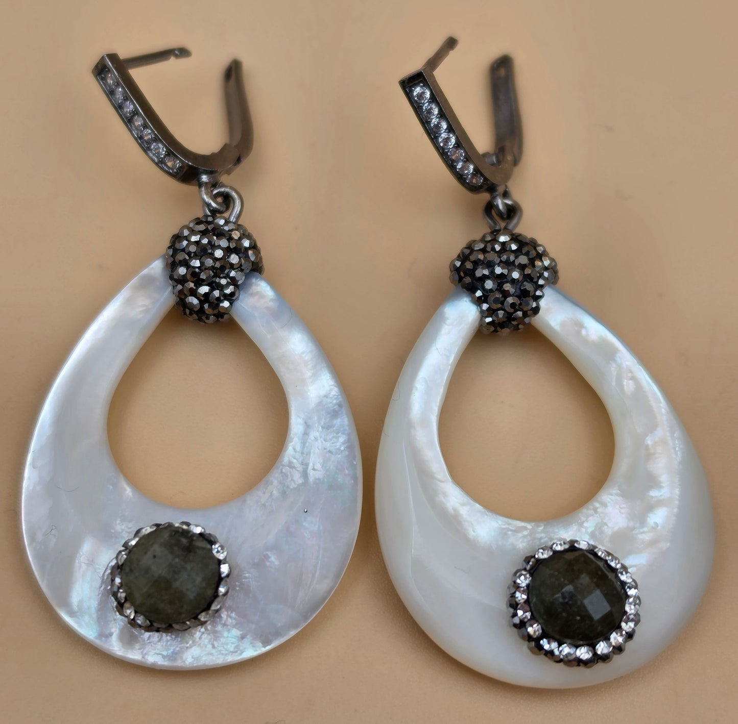 Mother Of Pearl/ Marcasite/Faceted Quartz/Sterling Silver Dangle Earrings
