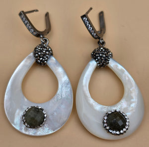 Mother Of Pearl/ Marcasite/Faceted Quartz/Sterling Silver Dangle Earrings