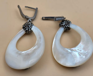 Mother Of Pearl/ Marcasite/Faceted Quartz/Sterling Silver Dangle Earrings