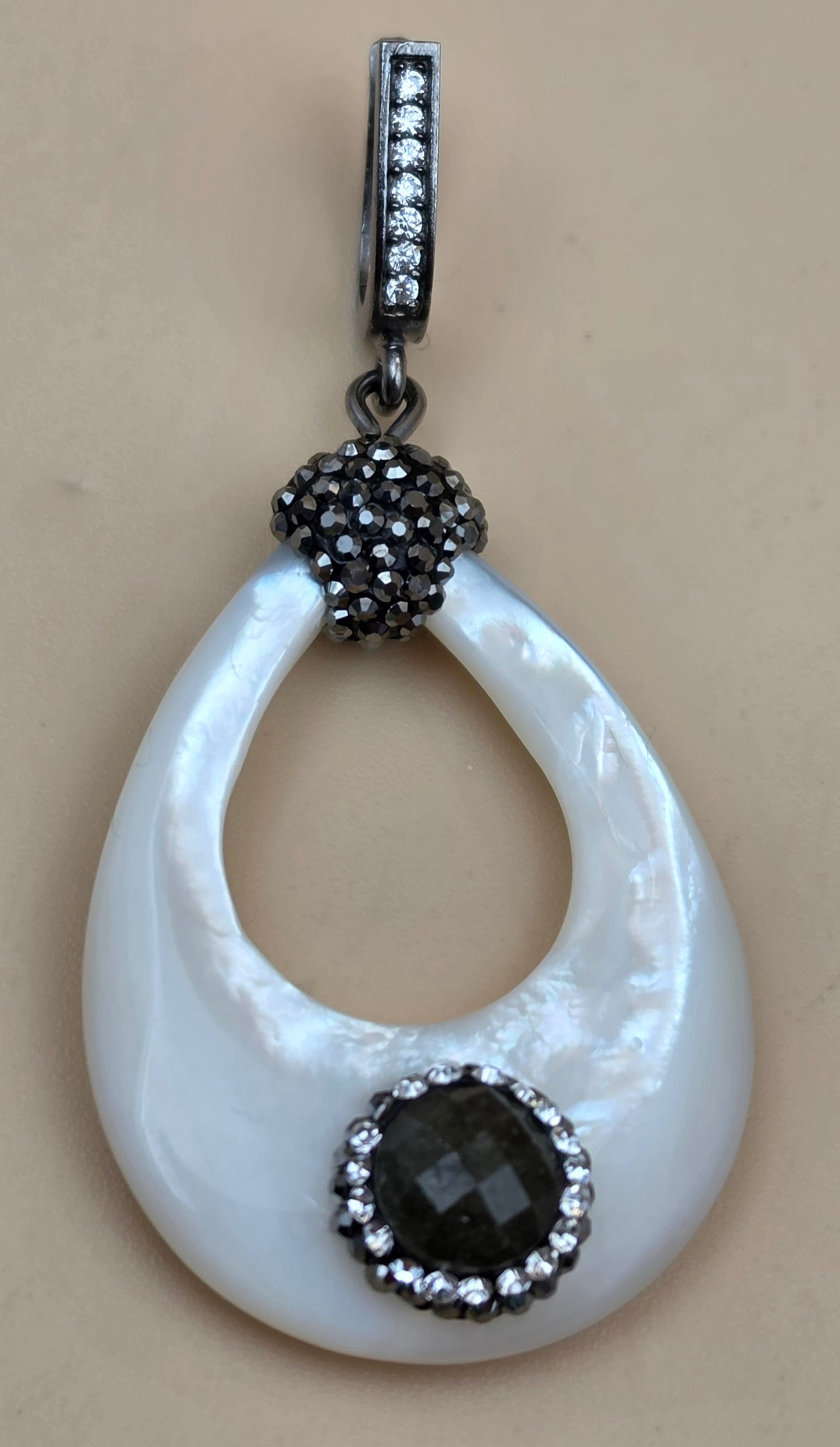 Mother Of Pearl/ Marcasite/Faceted Quartz/Sterling Silver Dangle Earrings