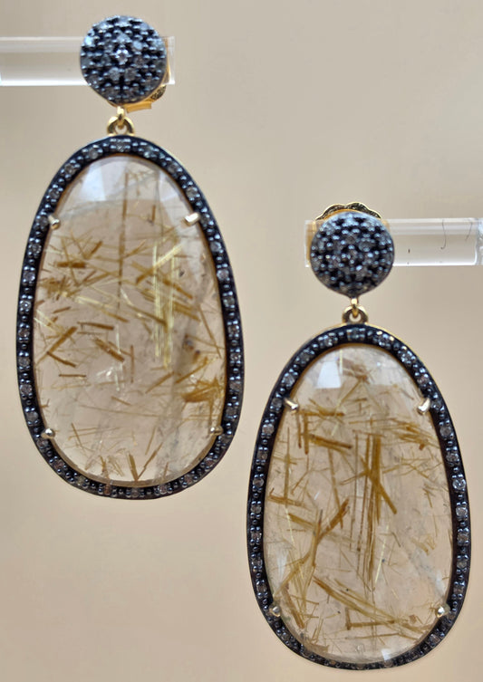HSN Gold Plated Sterling Silver/Diamond/Rutilated Quartz Dangle Earrings
