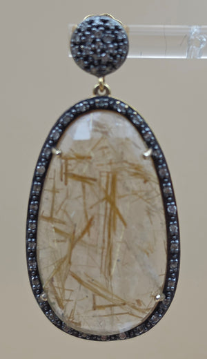 HSN Gold Plated Sterling Silver/Diamond/Rutilated Quartz Dangle Earrings
