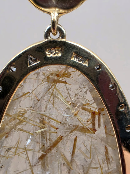 HSN Gold Plated Sterling Silver/Diamond/Rutilated Quartz Dangle Earrings