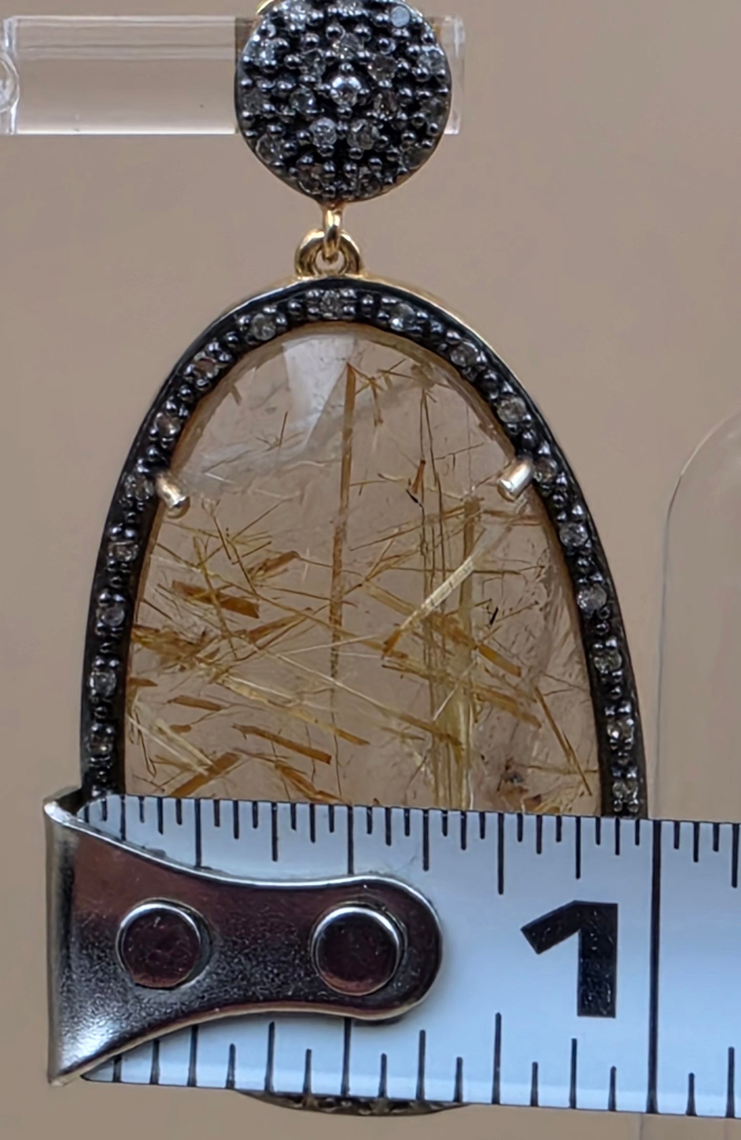 HSN Gold Plated Sterling Silver/Diamond/Rutilated Quartz Dangle Earrings