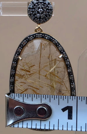 HSN Gold Plated Sterling Silver/Diamond/Rutilated Quartz Dangle Earrings