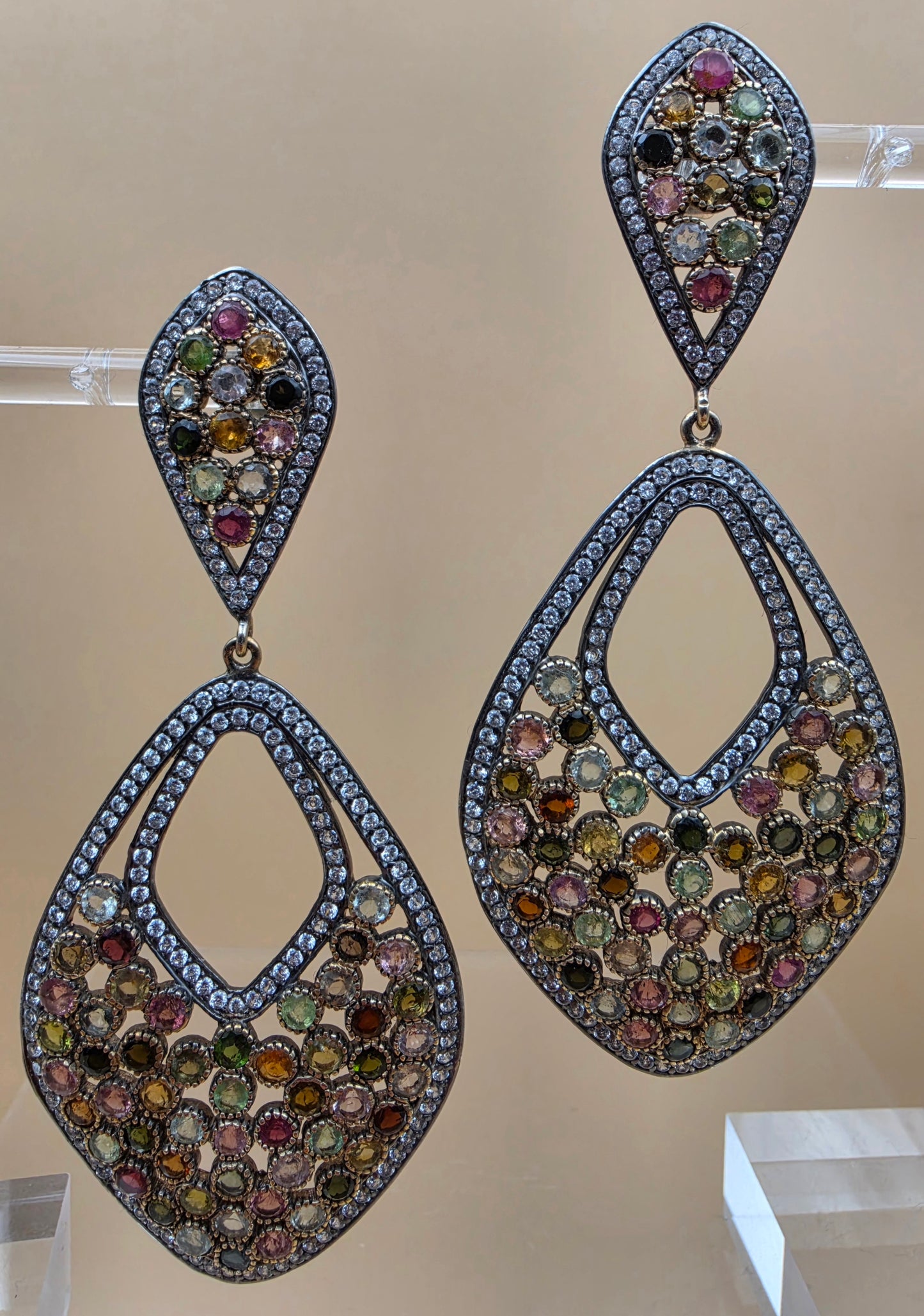 Multicolor Tourmaline/Pavè White Topaz Accents/Sterling Silver Victorian Inspired Chandelier Earrings