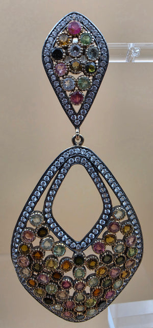 Multicolor Tourmaline/Pavè White Topaz Accents/Sterling Silver Victorian Inspired Chandelier Earrings