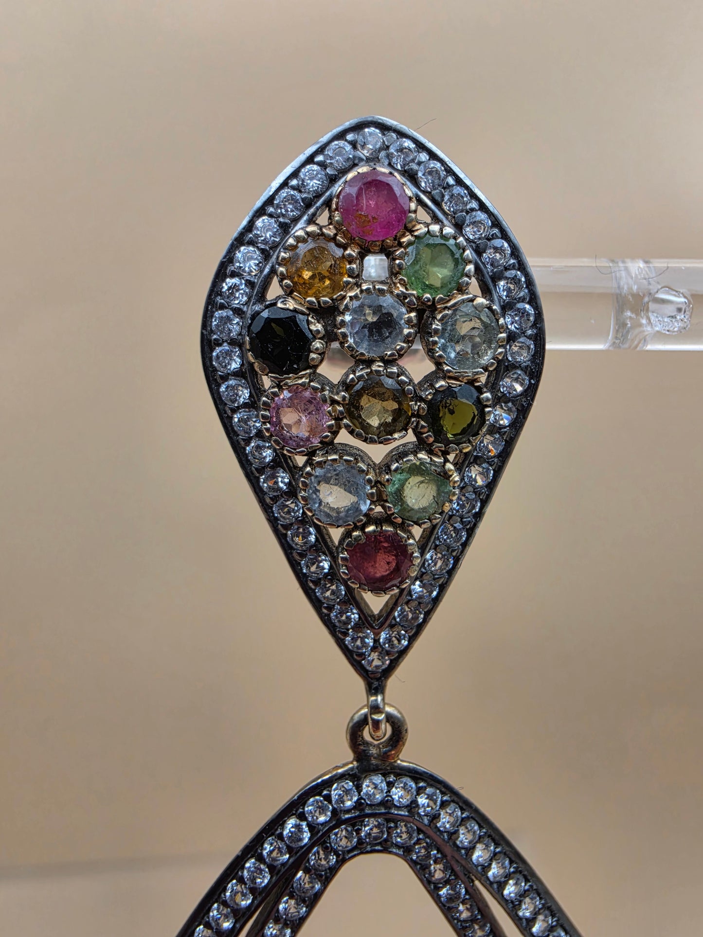 Multicolor Tourmaline/Pavè White Topaz Accents/Sterling Silver Victorian Inspired Chandelier Earrings