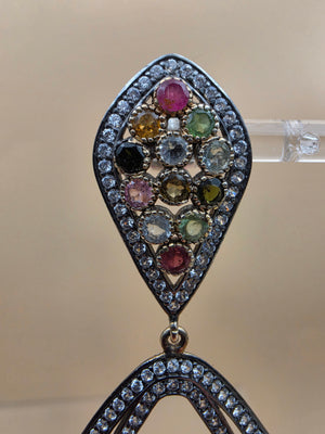 Multicolor Tourmaline/Pavè White Topaz Accents/Sterling Silver Victorian Inspired Chandelier Earrings