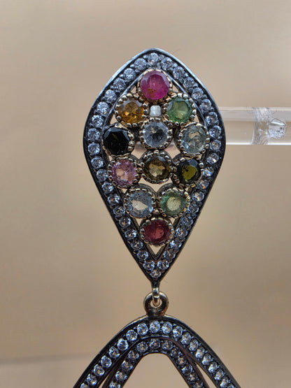 Multicolor Tourmaline/Pavè White Topaz Accents/Sterling Silver Victorian Inspired Chandelier Earrings