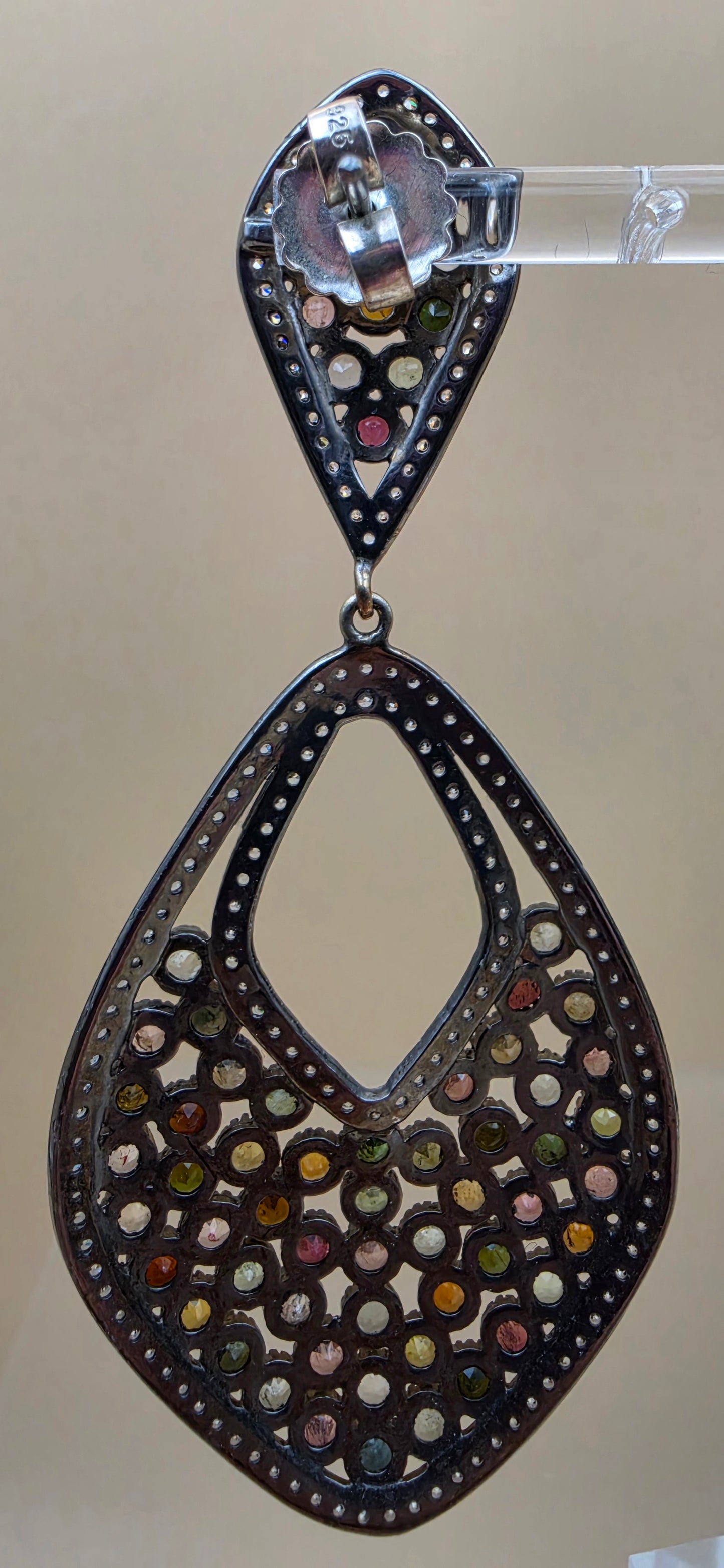 Multicolor Tourmaline/Pavè White Topaz Accents/Sterling Silver Victorian Inspired Chandelier Earrings