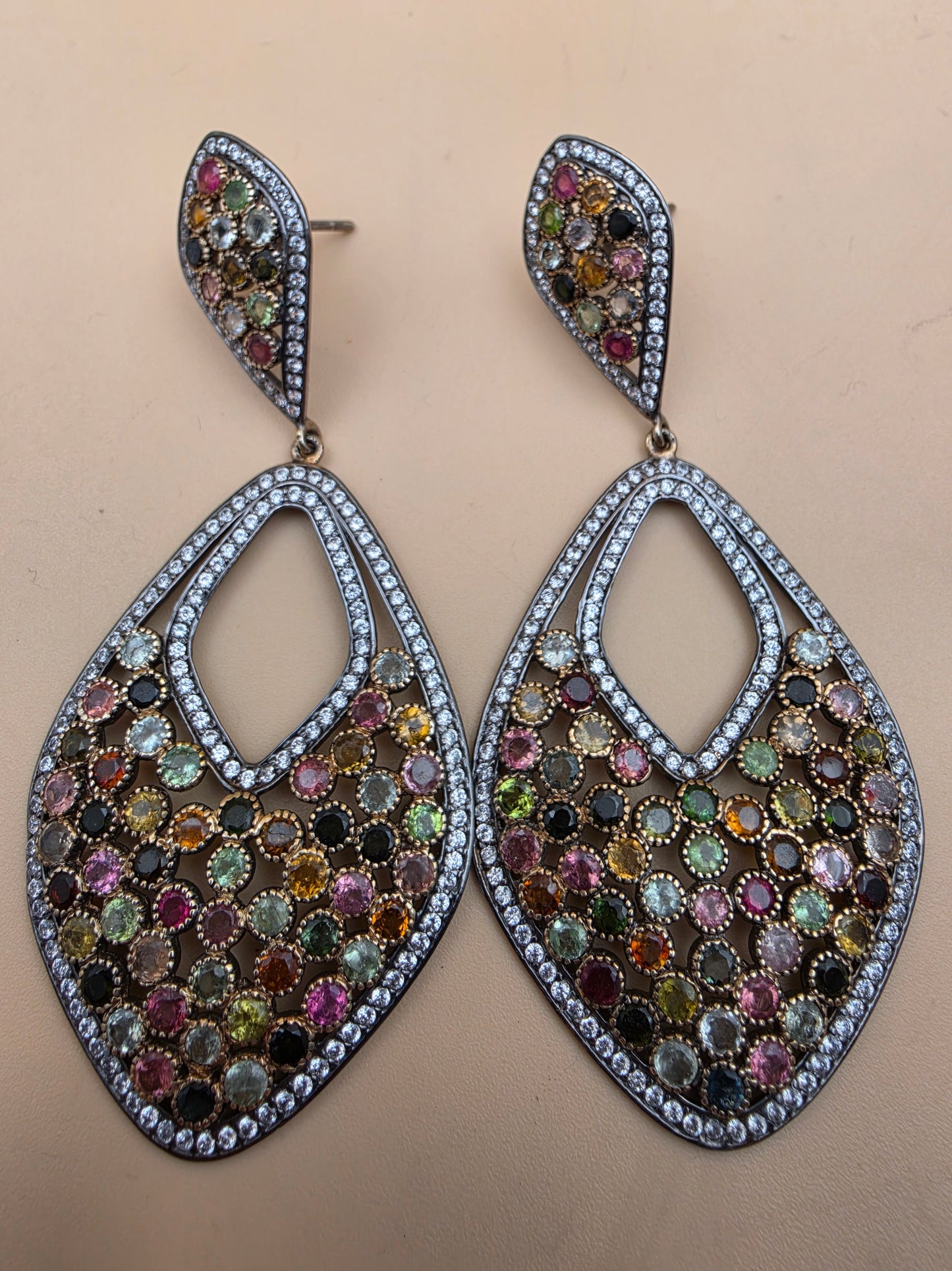 Multicolor Tourmaline/Pavè White Topaz Accents/Sterling Silver Victorian Inspired Chandelier Earrings