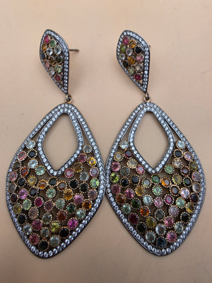 Multicolor Tourmaline/Pavè White Topaz Accents/Sterling Silver Victorian Inspired Chandelier Earrings