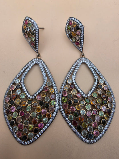 Multicolor Tourmaline/Pavè White Topaz Accents/Sterling Silver Victorian Inspired Chandelier Earrings