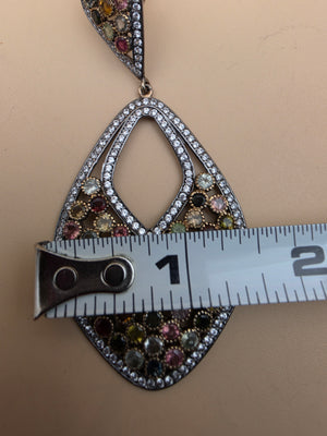 Multicolor Tourmaline/Pavè White Topaz Accents/Sterling Silver Victorian Inspired Chandelier Earrings