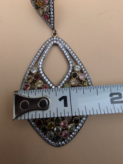 Multicolor Tourmaline/Pavè White Topaz Accents/Sterling Silver Victorian Inspired Chandelier Earrings