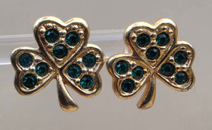 AVON 1980's-90's Vintage Shamrock/3 Leaf Clover Goldtone/Green Rhinestone Stud Earrings