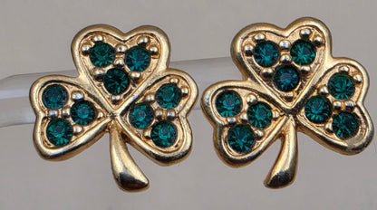 AVON 1980's-90's Vintage Shamrock/3 Leaf Clover Goldtone/Green Rhinestone Stud Earrings