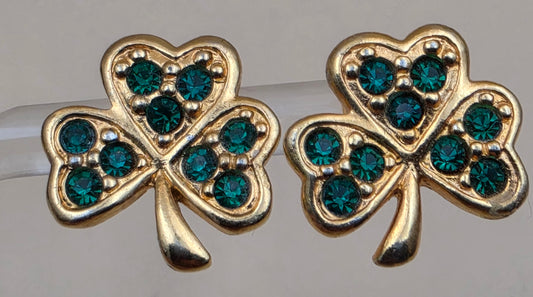 AVON 1980's-90's Vintage Shamrock/3 Leaf Clover Goldtone/Green Rhinestone Stud Earrings