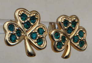 AVON 1980's-90's Vintage Shamrock/3 Leaf Clover Goldtone/Green Rhinestone Stud Earrings