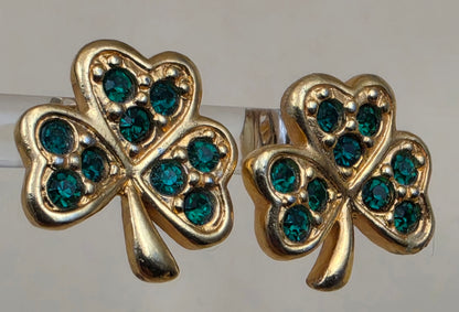 AVON 1980's-90's Vintage Shamrock/3 Leaf Clover Goldtone/Green Rhinestone Stud Earrings
