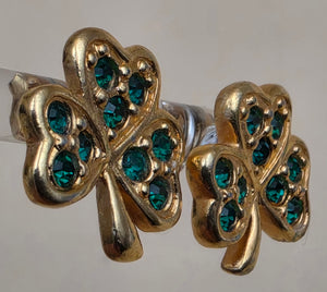 AVON 1980's-90's Vintage Shamrock/3 Leaf Clover Goldtone/Green Rhinestone Stud Earrings
