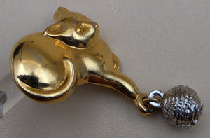 AVON Vintage  1992 "Frolicking Feline " Goldtone Playful Cat with Silvertone Yarn Ball Earrings
