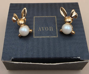 AVON "Pearly Bunny" Vintage 1994 Goldtone/Faux Pearl Stud Earrings