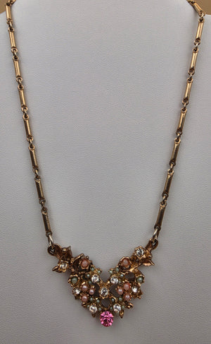 Vintage Gold Tone/Faux Pearl/Clear and Pink Rhinestone Bar Link Collar Necklace