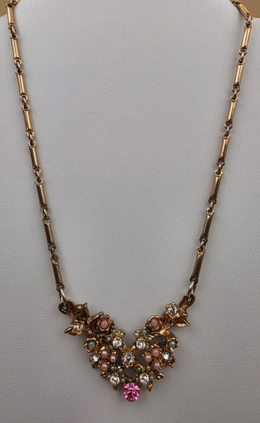 Vintage Gold Tone/Faux Pearl/Clear and Pink Rhinestone Bar Link Collar Necklace
