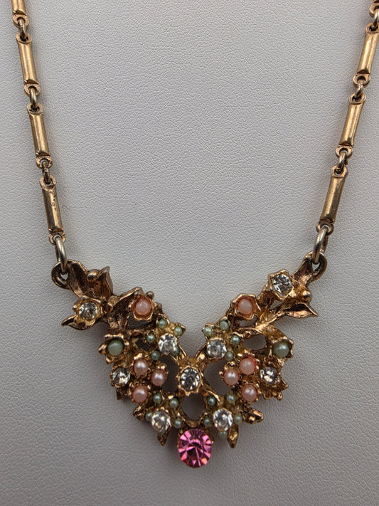 Vintage Gold Tone/Faux Pearl/Clear and Pink Rhinestone Bar Link Collar Necklace