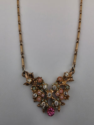 Vintage Gold Tone/Faux Pearl/Clear and Pink Rhinestone Bar Link Collar Necklace