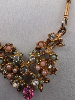 Vintage Gold Tone/Faux Pearl/Clear and Pink Rhinestone Bar Link Collar Necklace