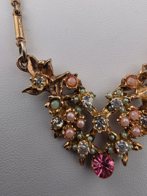 Vintage Gold Tone/Faux Pearl/Clear and Pink Rhinestone Bar Link Collar Necklace