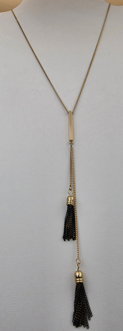 Vintage Gold Tone/Black Chain Tassel/Bolo Style Necklace