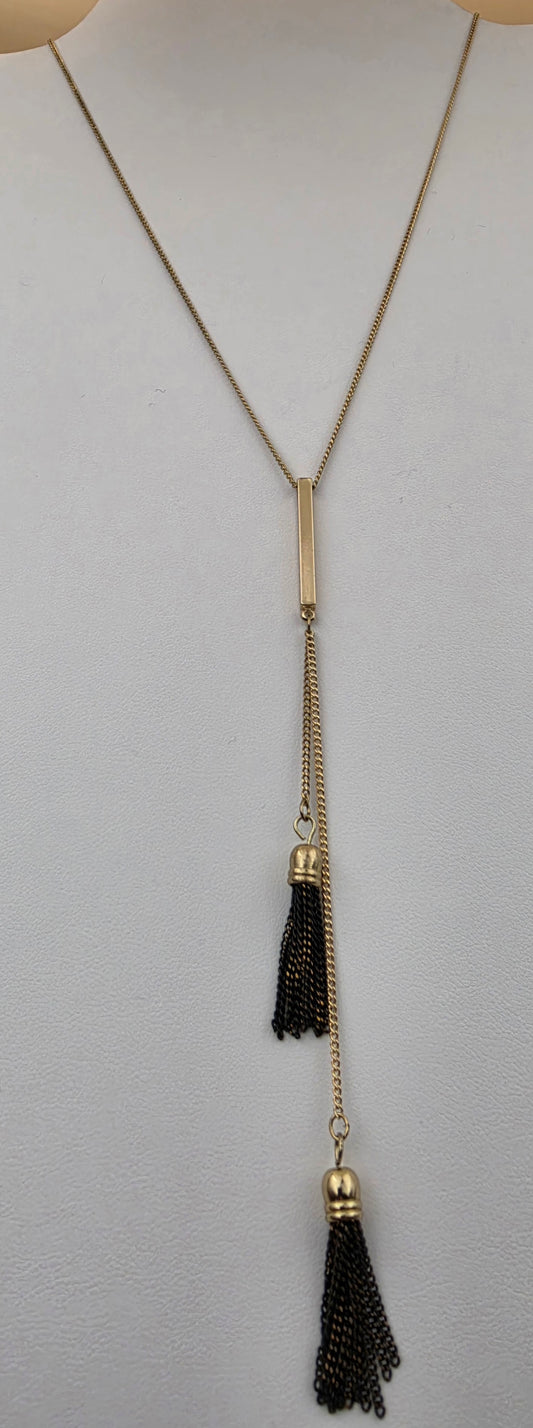 Vintage Gold Tone/Black Chain Tassel/Bolo Style Necklace