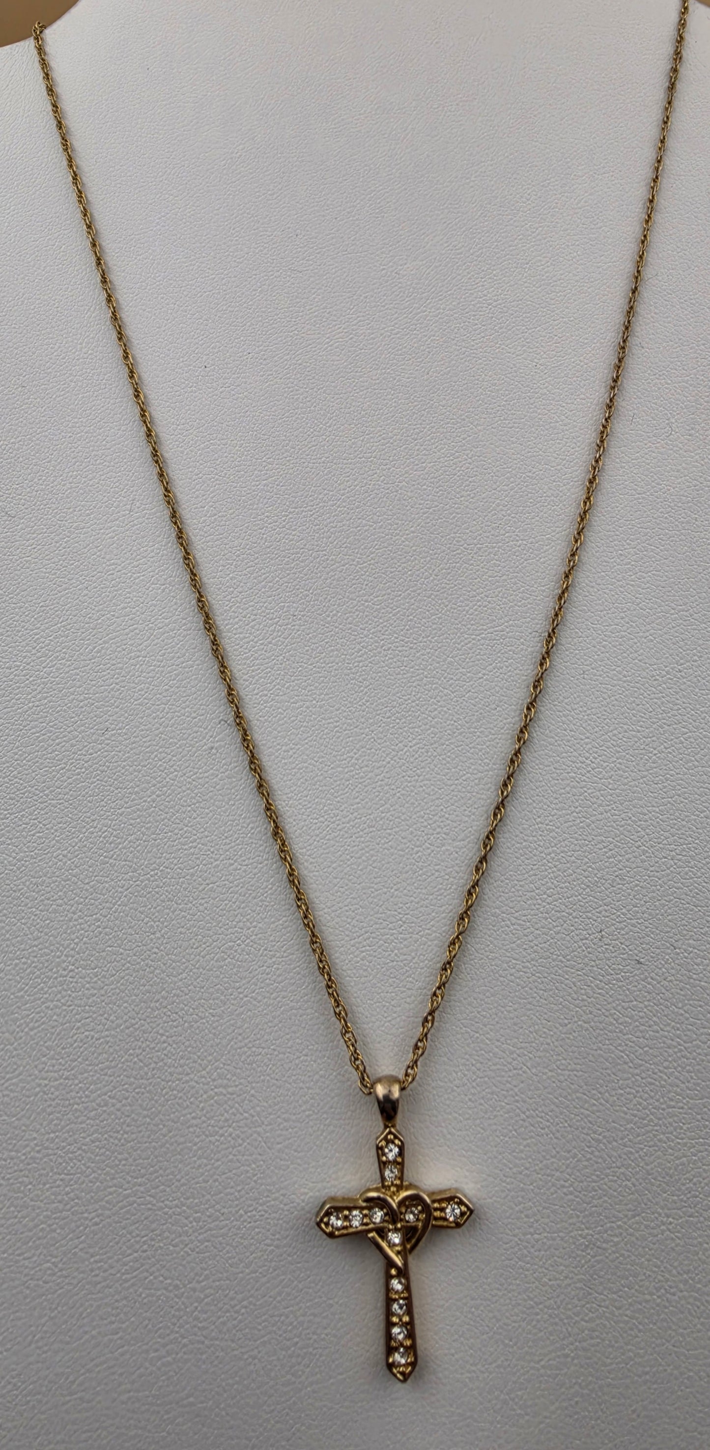 Gold Tone/Clear Rhinestone/Heart Wrapped Cross Pendant on 16"- 18" Adjustable Gold Tone NecklaceChain Necklace