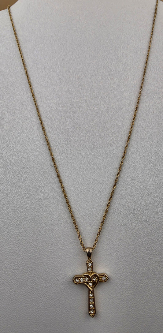 Gold Tone/Clear Rhinestone/Heart Wrapped Cross Pendant on 16"- 18" Adjustable Gold Tone NecklaceChain Necklace