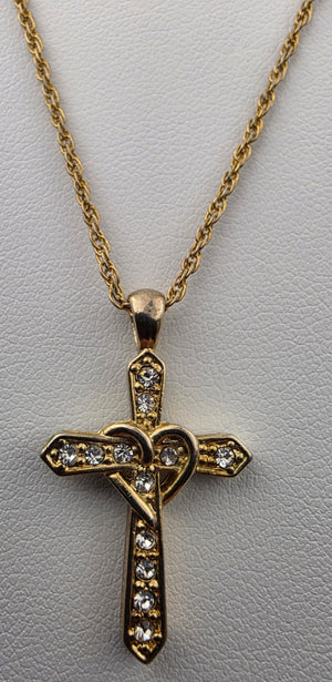 Gold Tone/Clear Rhinestone/Heart Wrapped Cross Pendant on 16"- 18" Adjustable Gold Tone NecklaceChain Necklace