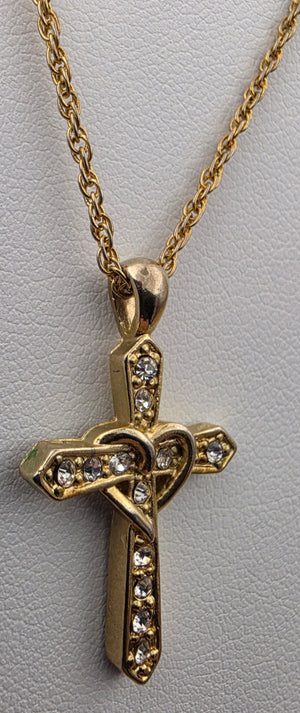 Gold Tone/Clear Rhinestone/Heart Wrapped Cross Pendant on 16"- 18" Adjustable Gold Tone NecklaceChain Necklace