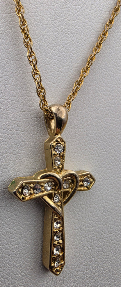 Gold Tone/Clear Rhinestone/Heart Wrapped Cross Pendant on 16"- 18" Adjustable Gold Tone NecklaceChain Necklace