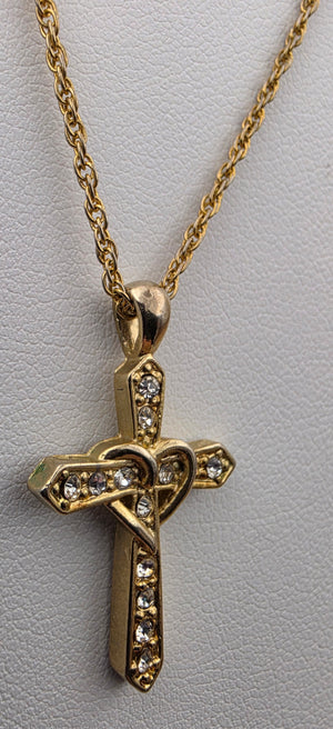 Gold Tone/Clear Rhinestone/Heart Wrapped Cross Pendant on 16"- 18" Adjustable Gold Tone NecklaceChain Necklace