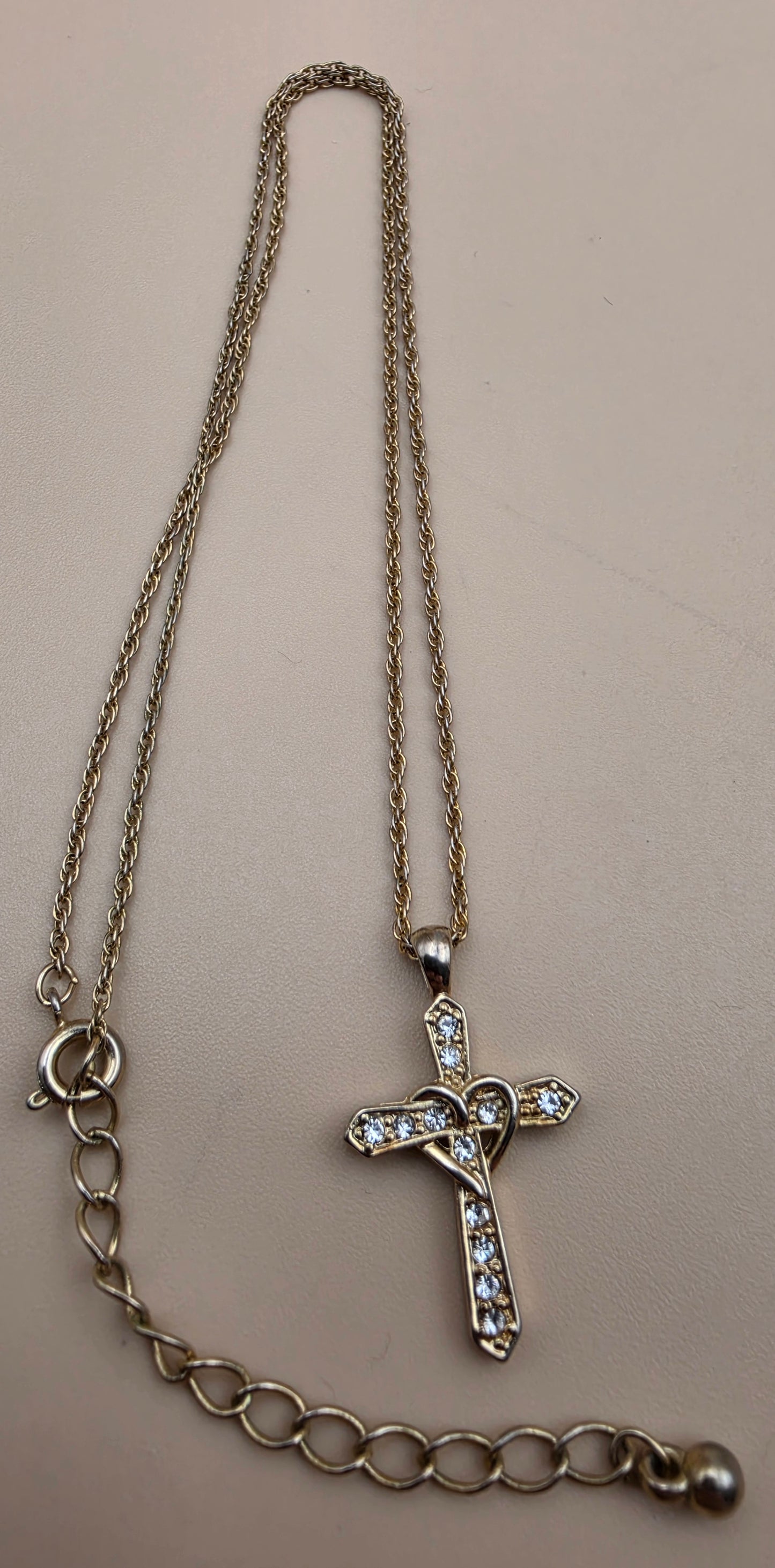 Gold Tone/Clear Rhinestone/Heart Wrapped Cross Pendant on 16"- 18" Adjustable Gold Tone NecklaceChain Necklace