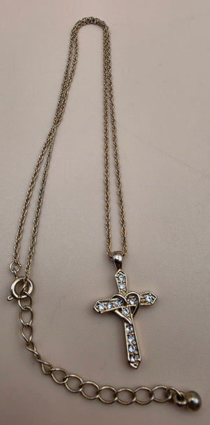 Gold Tone/Clear Rhinestone/Heart Wrapped Cross Pendant on 16"- 18" Adjustable Gold Tone NecklaceChain Necklace