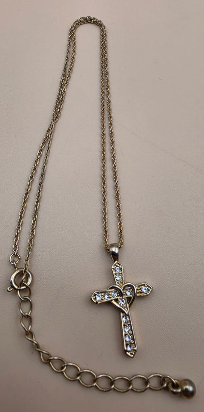 Gold Tone/Clear Rhinestone/Heart Wrapped Cross Pendant on 16"- 18" Adjustable Gold Tone NecklaceChain Necklace